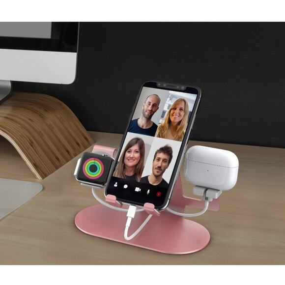 ALUMINUM 3 IN 1 CHARGING STAND FOR IPHONE, WATCH, & AIRPODS ADURO TRIO ROSE GOLD - Picture 6 of 6